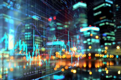 Stock market business concept with financial chart on screen and metropolis. A vibrant city skyline reflects the fluctuating stock market graph symbolizing economic activity