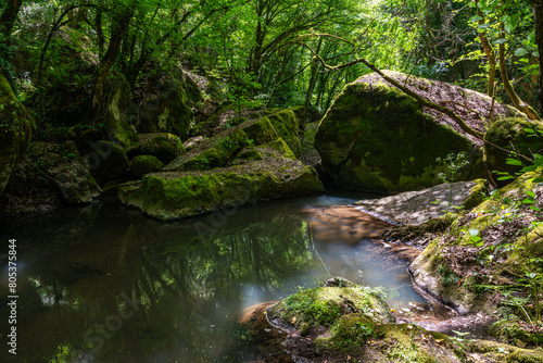 Beautiful natural landscape with traces of ancient civilizations in the Chia Waterfall Park, in the Province of Viterbo, Lazio, Italy.