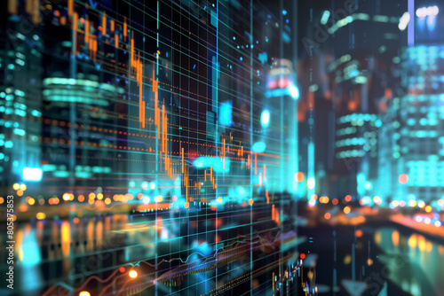Wallpaper Mural Stock market business concept with financial chart on screen and metropolis. A vibrant city skyline reflects the fluctuating stock market graph symbolizing economic activity Torontodigital.ca