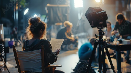 A woman sits in a chair on a film set, reading a script. photo