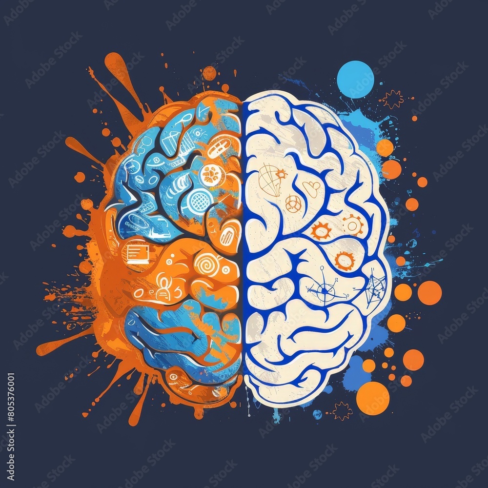 An illustration of a brain divided into two colors, orange and blue ...