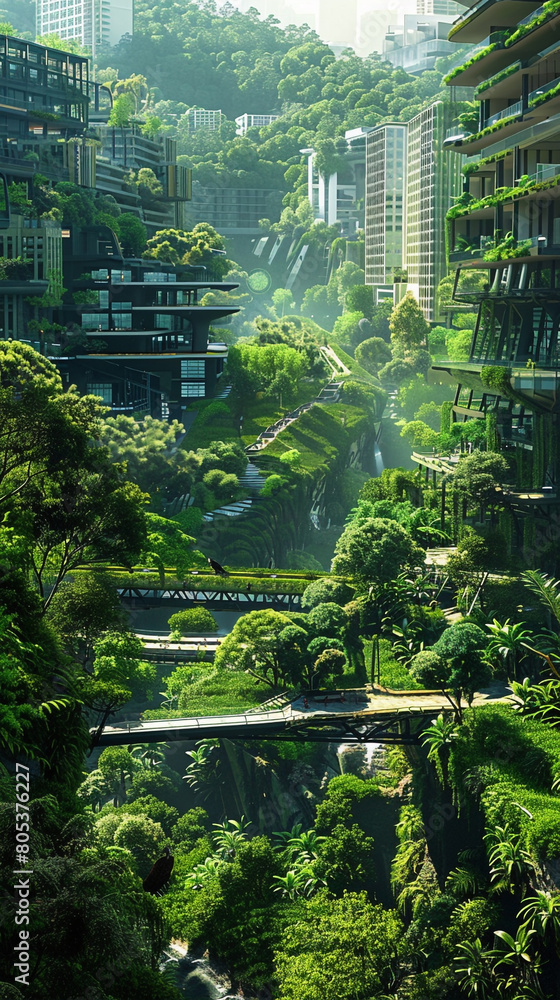 An image of a city park at the heart of a green metropolis, surrounded by eco-friendly buildings that blend seamlessly with the natural landscape, the park acting as a green lung 