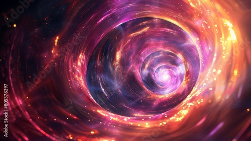 Abstract background with a glowing spiral and energy flow in the style of futuristic digital art, with orange, blue and red colors