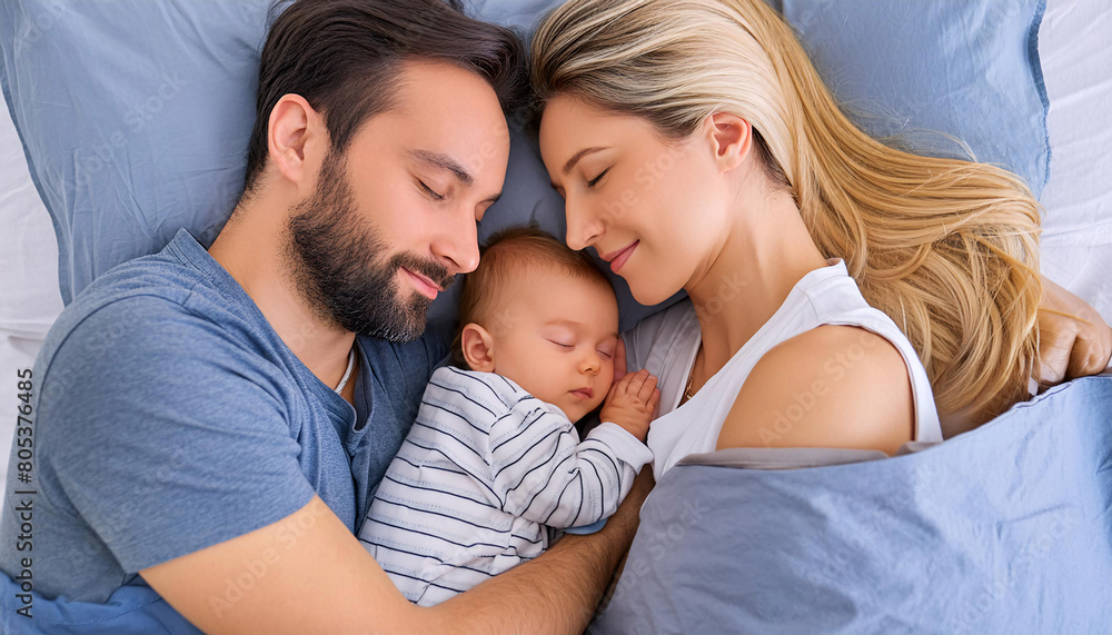 A serene portrait of parents with their happy, peaceful, and calm baby