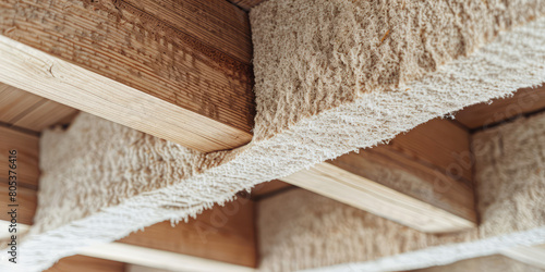 Insulation of a roof structure with wood wool. Close-up of a layer of mineral wool for insulation and soundproofing of walls and roof.