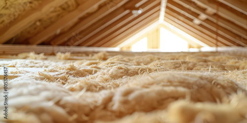 Insulation of a roof structure with wood wool. Close-up of a layer of mineral wool for insulation and soundproofing of walls and roof.