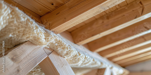 Insulation of a roof structure with wood wool. Close-up of a layer of mineral wool for insulation and soundproofing of walls and roof.