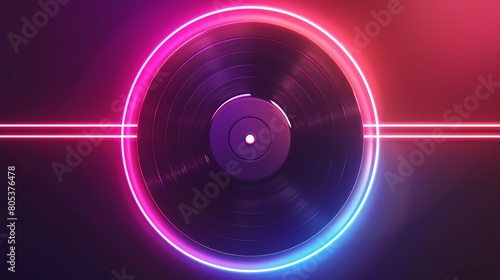 A black vinyl record with a pink and blue neon light ring around it.