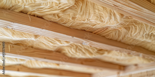 Insulation of a roof structure with wood wool. Close-up of a layer of mineral wool for insulation and soundproofing of walls and roof.