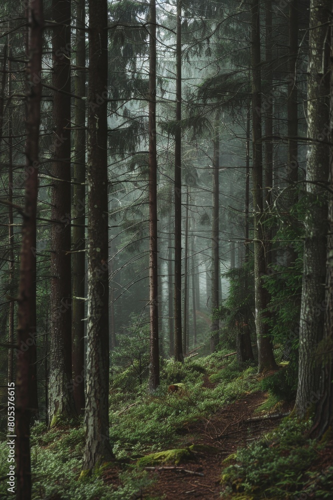 Misty foggy forest, fir mountains, natural mist landscape, dark woods view, mystery clouds on pine trees Misty foggy forest, fir mountains, natural mist landscape, dark woods view, mystery clouds on pine trees