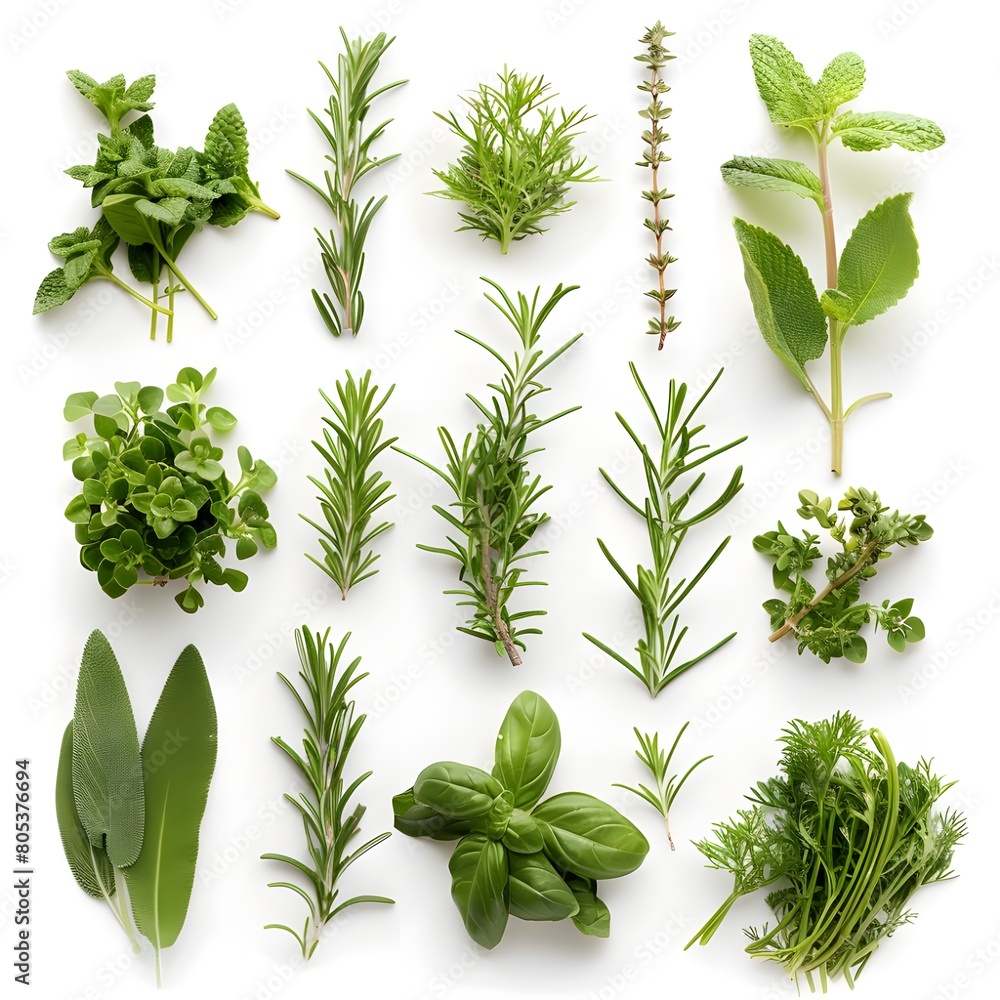 set of fresh herbs on white background generative ai