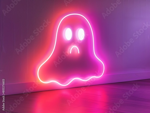 A pink neon ghost sign on a purple wall photo