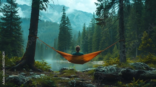Hiker relaxing in a hammock strung between pine trees, serene forest photo