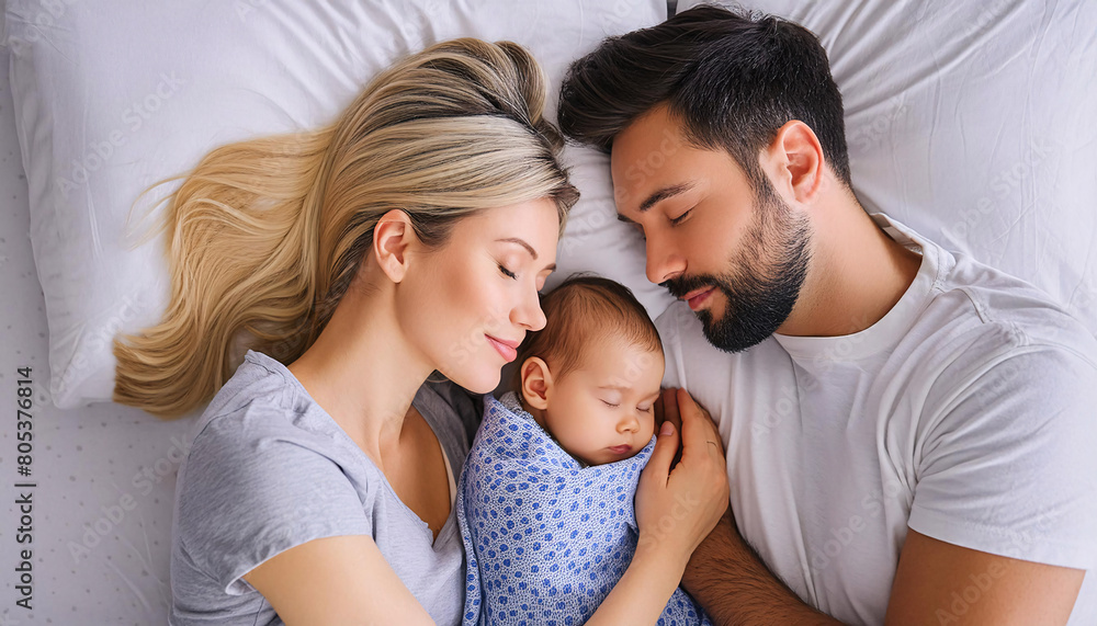 A serene portrait of parents with their happy, peaceful, and calm baby A serene portrait of parents with their happy, peaceful, and calm baby