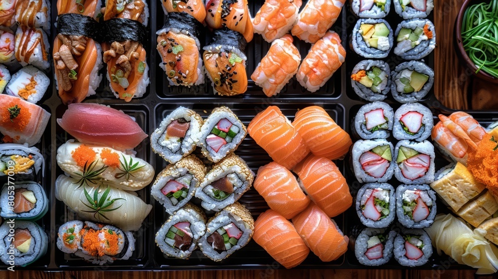 A variety of sushi and sashimi.