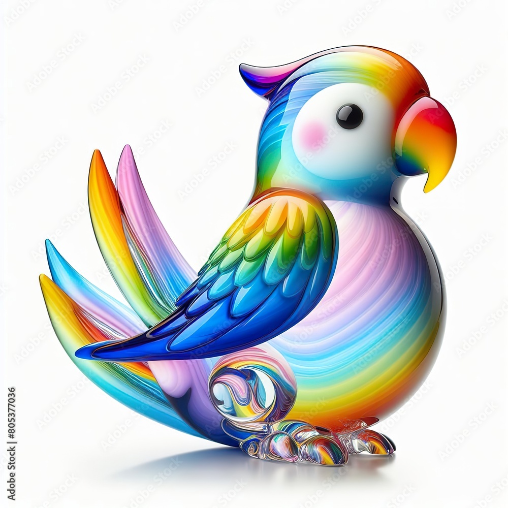 A stunning blown glass sculpture of a playful, cute parrot with seamlessly blended rainbow colors, white background
