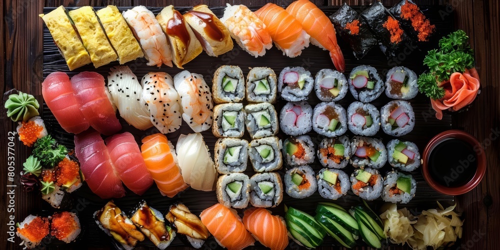 A variety of sushi and sashimi on a wooden board with soy sauce and wasabi.