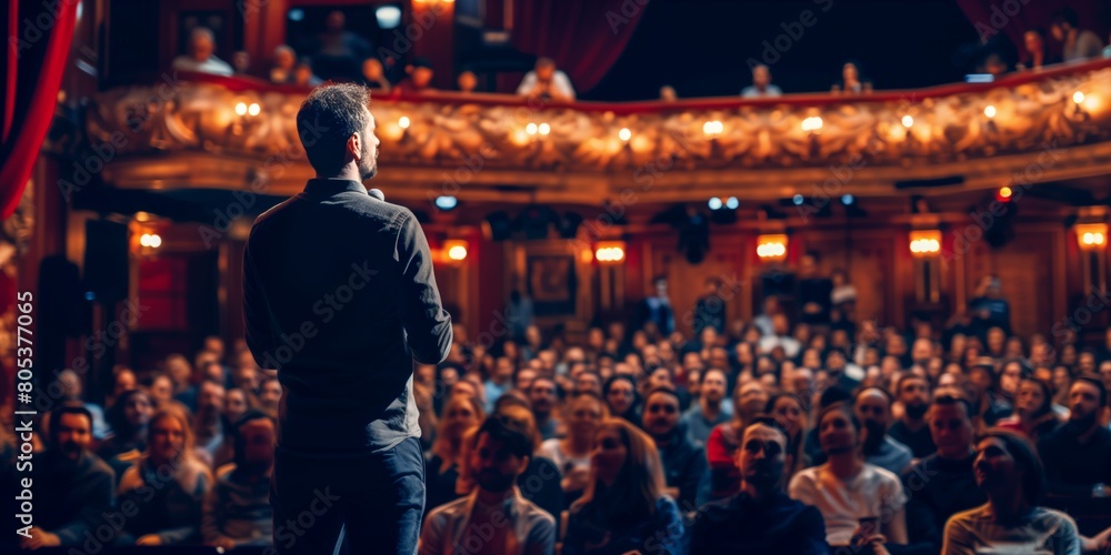 Speaker Engages an Enthralled Audience in a Grand Theater Setting Speaker Engages an Enthralled Audience in a Grand Theater Setting