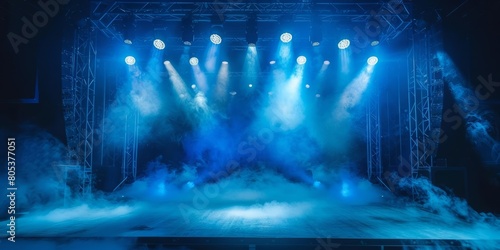 An empty stage with blue lights and smoke.