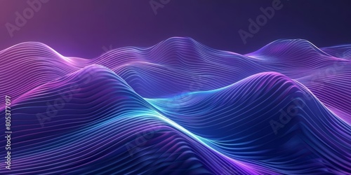 Create a 3D landscape with soft rolling hills. The colors should be shades of purple and blue with a hint of pink. The image should be both beautiful and calming.