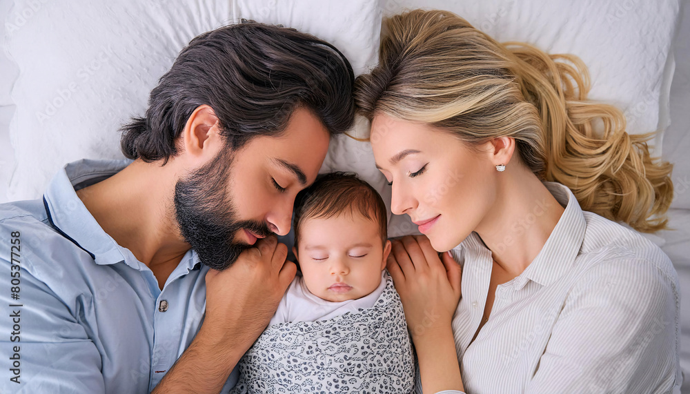 A serene portrait of parents with their happy, peaceful, and calm baby A serene portrait of parents with their happy, peaceful, and calm baby