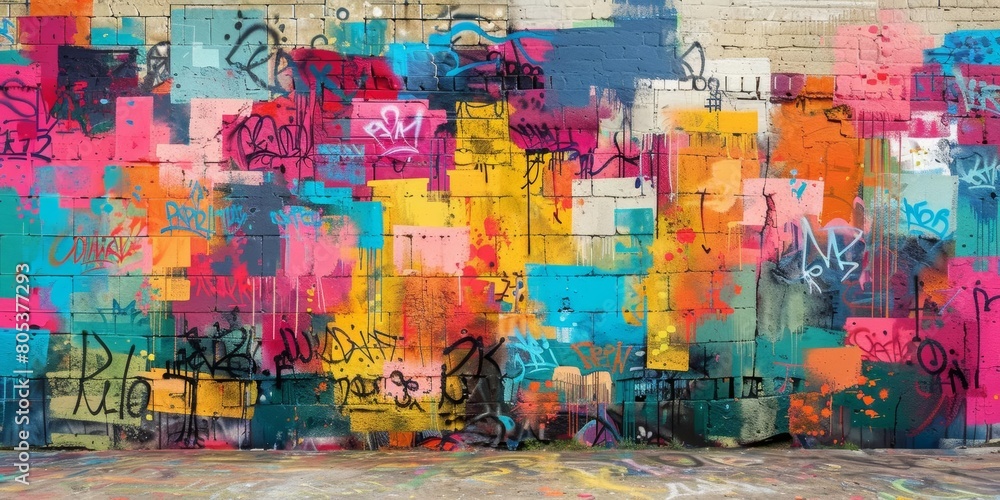 A colorful graffiti covered brick wall with a variety of colors and styles.