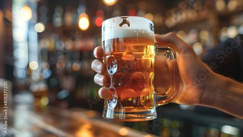 Capturing the Essence: Beer Mug in Hands with Blurred Bar Background and Bokeh. Concept Beer Mug Photography, Blurred Bar Background, Bokeh Effect, Ale Lover's Delight, Drink Photography