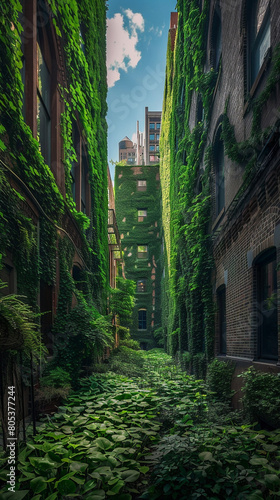 An image of a city alley transformed through green architecture, with walls draped in ivy and ground-level gardens providing a sanctuary for biodiversity, © Image Studio