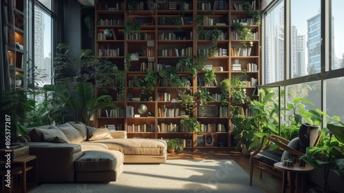 cozy  stylish modern library with large floor-to-ceiling windows and tall cabinets full of a variety of books. Hobby  leisure and education concept