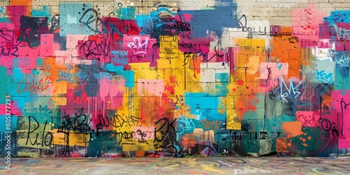 A colorful graffiti covered brick wall with a variety of colors and styles. photo