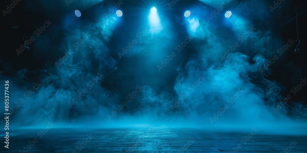 Create a poster for a concert. The stage is dark and empty. Blue spotlights illuminate the stage from above. Blue smoke fills the air.