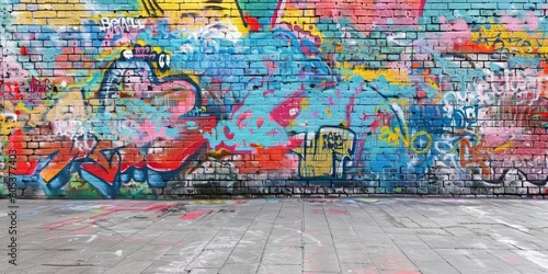Create a colorful graffiti mural on a brick wall