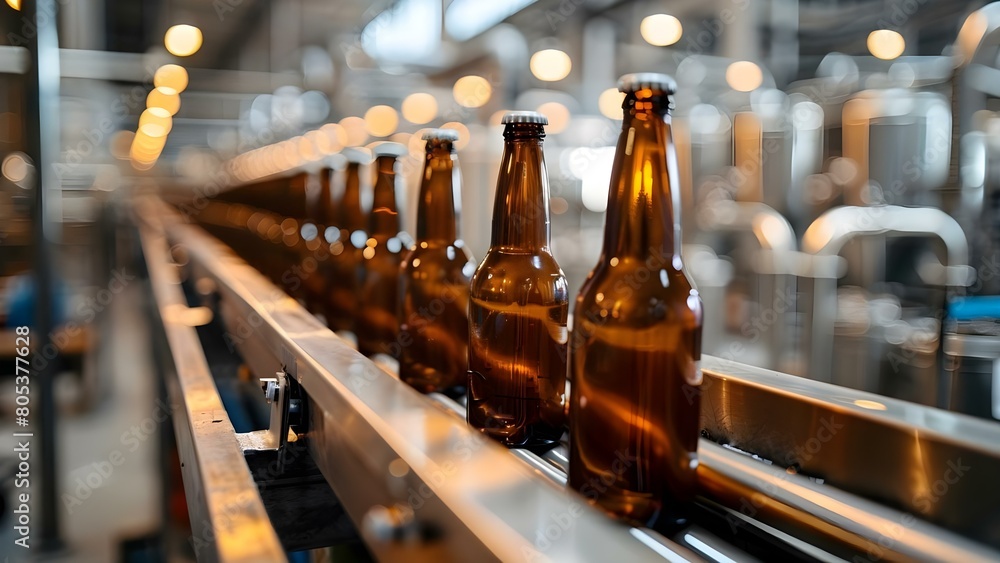 Beer bottling conveyor in modern brewery with brown glass bottles on line. Concept Modern Brewery, Beer Bottling, Conveyor System, Brown Glass Bottles, Production Line Beer bottling conveyor in modern brewery with brown glass bottles on line. Concept Modern Brewery, Beer Bottling, Conveyor System, Brown Glass Bottles, Production Line