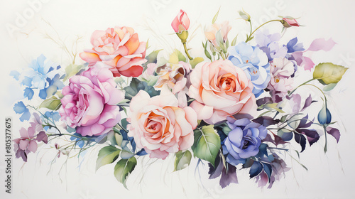 A delicate watercolor painting capturing the vibrant colors of a bouquet of roses