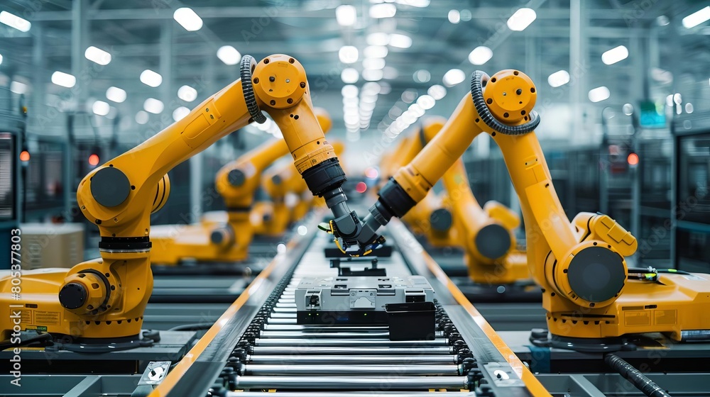 Automated robotic arms in manufacturing factory
