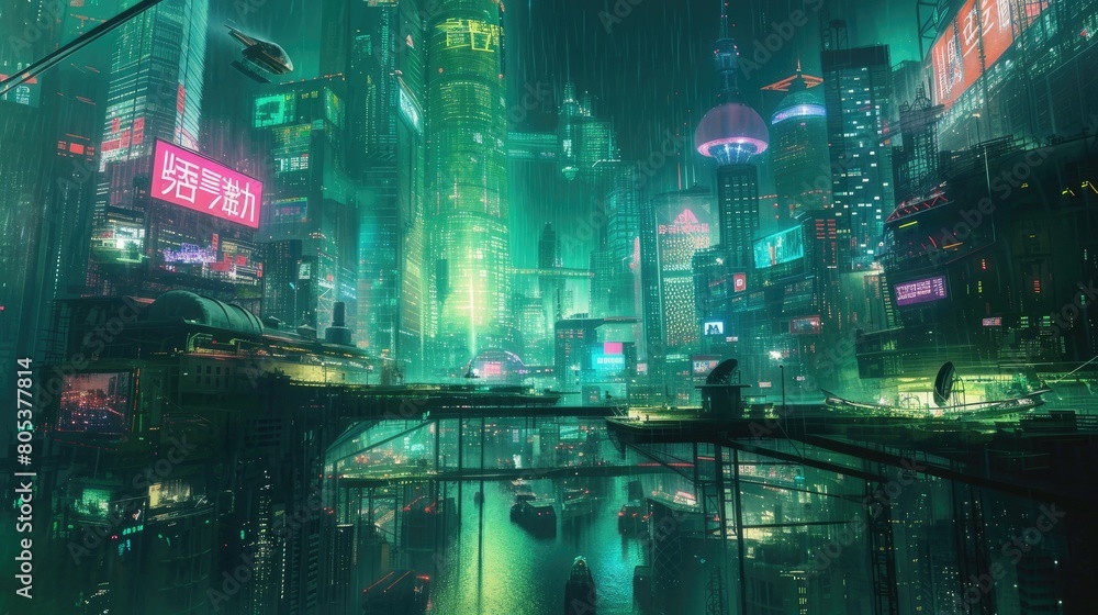 Dystopian and cyberpunk-inspired backgrounds with complex urban settings, neon-lit cityscapes, and industrial dystopias evoking a sense of futuristic noir