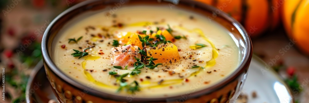 White Cream Soup with Pumpkin and Salmon, Creamy Seasoned Fish Broth with Vegetables White Cream Soup with Pumpkin and Salmon, Creamy Seasoned Fish Broth with Vegetables