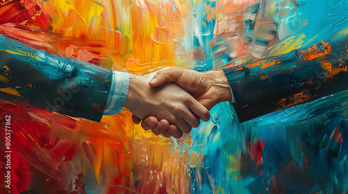 Artistic rendition of a business handshake, abstract background, inspired by modern art, Editorial Photography photo