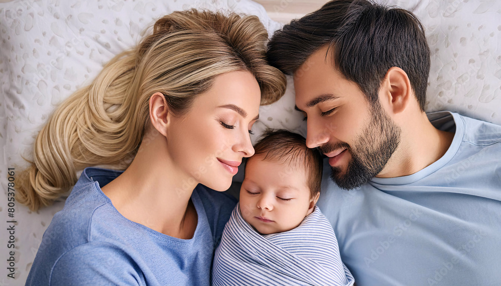 A serene portrait of parents with their happy, peaceful, and calm baby A serene portrait of parents with their happy, peaceful, and calm baby