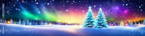 Enchanting Christmas tree lights in a winter wonderland, perfect for New Year's celebrations.
