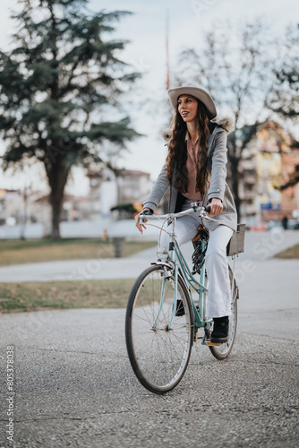 A stylish business lady enjoys a leisurely bike ride in the park, blending business with an active lifestyle. © qunica.com