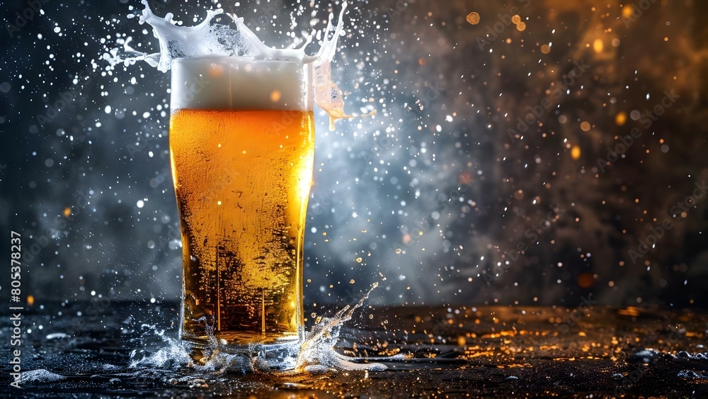 Beer splashing in glass against dark background pouring with dramatic effect. Concept Beer Photography, Splash Photography, Dark Background, Beverage Pouring, Dramatic Effect Beer splashing in glass against dark background pouring with dramatic effect. Concept Beer Photography, Splash Photography, Dark Background, Beverage Pouring, Dramatic Effect