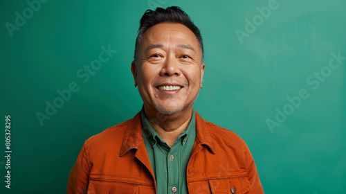 A man wearing an orange jacket and green shirt is smiling