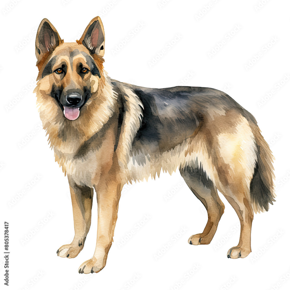 AI-Generated Watercolor German Shepherd standing Clip Art Illustration. Isolated elements on a white background.