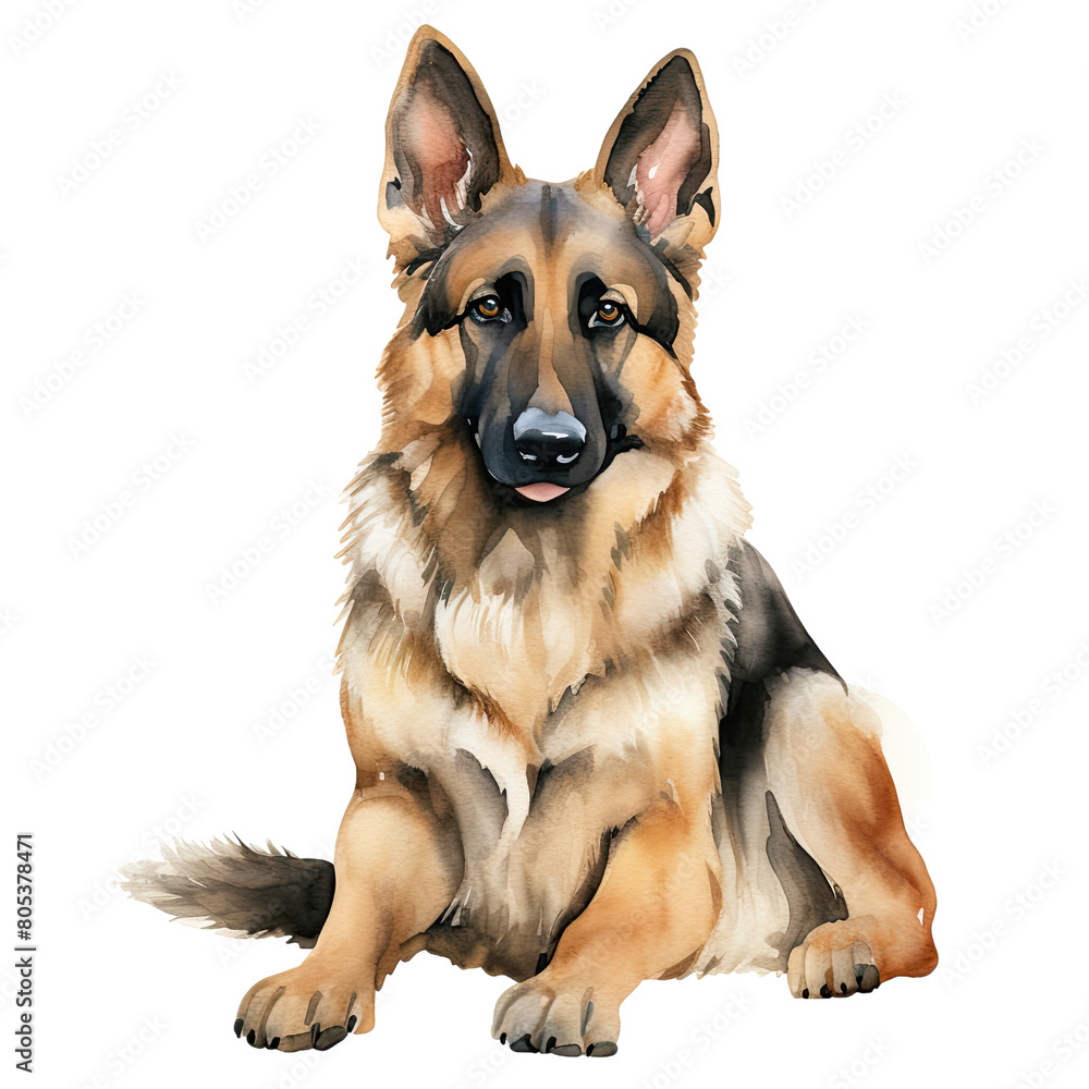 AI-Generated Watercolor German Shepherd sitting Clip Art Illustration. Isolated elements on a white background.