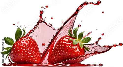 Strawberry juice splashing with its fruits isolated on transperent background photo
