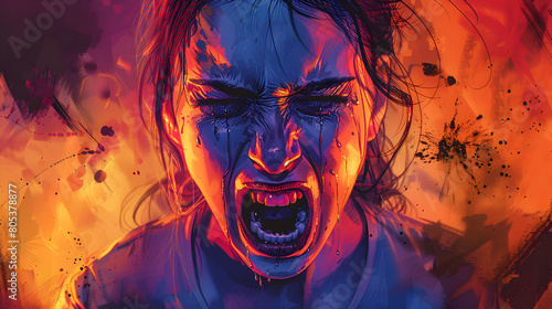 A closeup illustration of an angry woman in agony screaming  representing mental health problems and awareness.