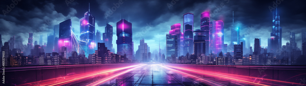 Neon Lit Urban Skyline at Night - Futuristic Cityscape Neon Lit Urban Skyline at Night - Futuristic Cityscape