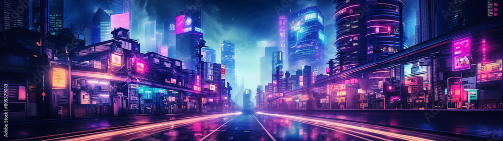 Rainy Night in Cyberpunk City - Neon Streets and Reflections