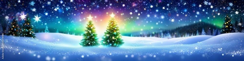 Magical Christmas tree light display with a snowy landscape creating a festive New Year atmosphere. Magical Christmas tree light display with a snowy landscape creating a festive New Year atmosphere.